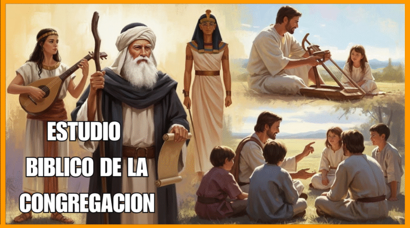 Crea una ilustración bíblica suave y pictórica, estilo collage. La obra debe presentar múltiples escenas fusionadas en una composición armoniosa: un sabio profeta anciano sosteniendo un bastón y un pergamino en el centro, una joven con ropas antiguas tocando un instrumento de cuerda, una figura de estilo egipcio de pie con seguridad, y una escena de Jesús enseñando a varios niños sentado al aire libre en un paisaje luminoso y apacible. Usa una iluminación cálida y dorada con toques suaves y un fondo con textura suave. Las figuras deben ser realistas, expresivas y emotivas, con pinceladas suaves y un estilo clásico de ilustración bíblica. La atmósfera general debe transmitir fe, historia y enseñanza espiritual, con todas las escenas sutilmente fusionadas en una composición unificada.